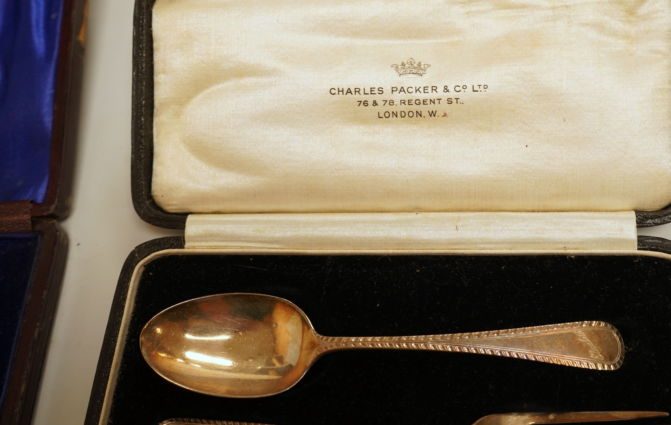 A cased set of six late Victorian silver teaspoons and matching sugar tongs, Miller Bros. Birmingham, 1900, together with three cased silver christening pairs.